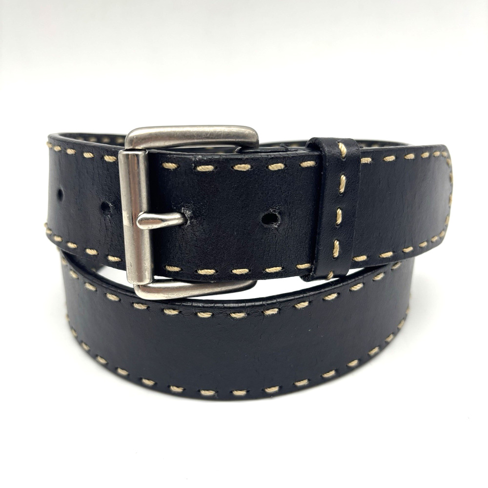Vintage Y2K Anne Klein Black Leather Cream Contrast Stitching Belt M 30-34"